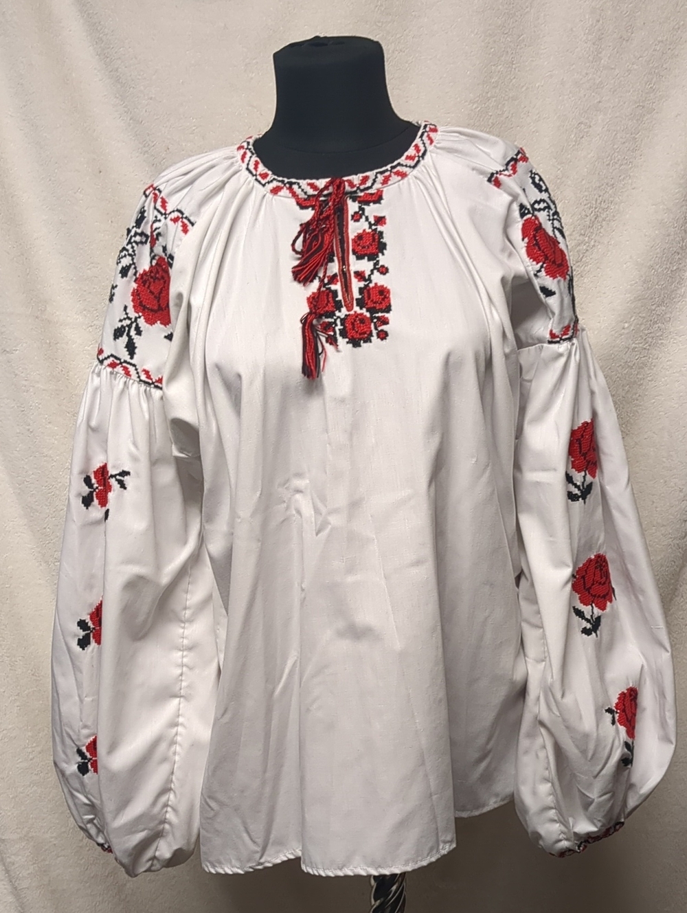 Ukrainian Embroidered White Peasant Blouse with Red Rose Detail
